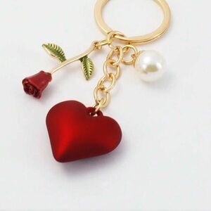 2 PCS Elegant Red Heart and Rose Keychain